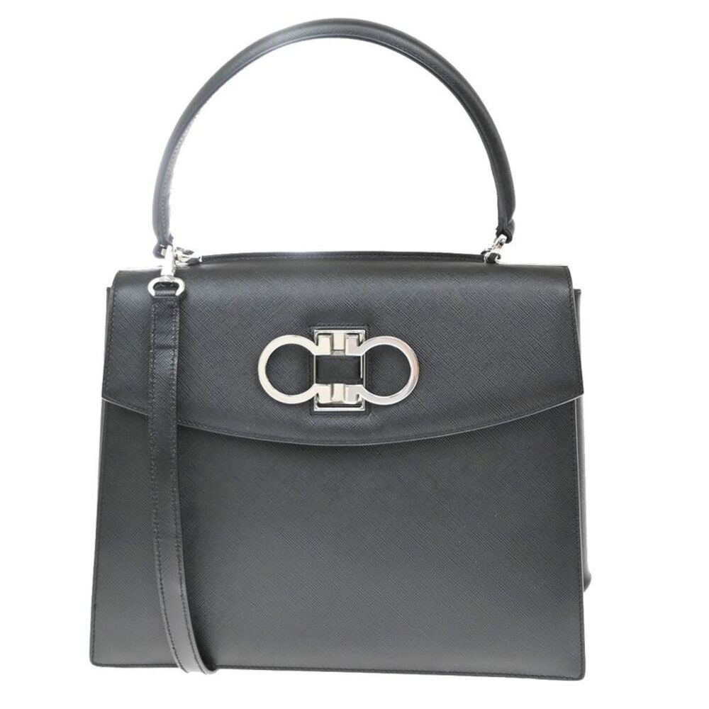 Salvatore Ferragamo Double Gancini Top Handle Saffiano Leather Black Leather